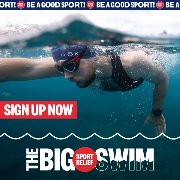charity event, fundraising event, swimming event, sports challenge, community event, athletic fundraiser, brand awareness, limited time deal, outdoor, modern typography, energetic, bold, blue, red, neutral
